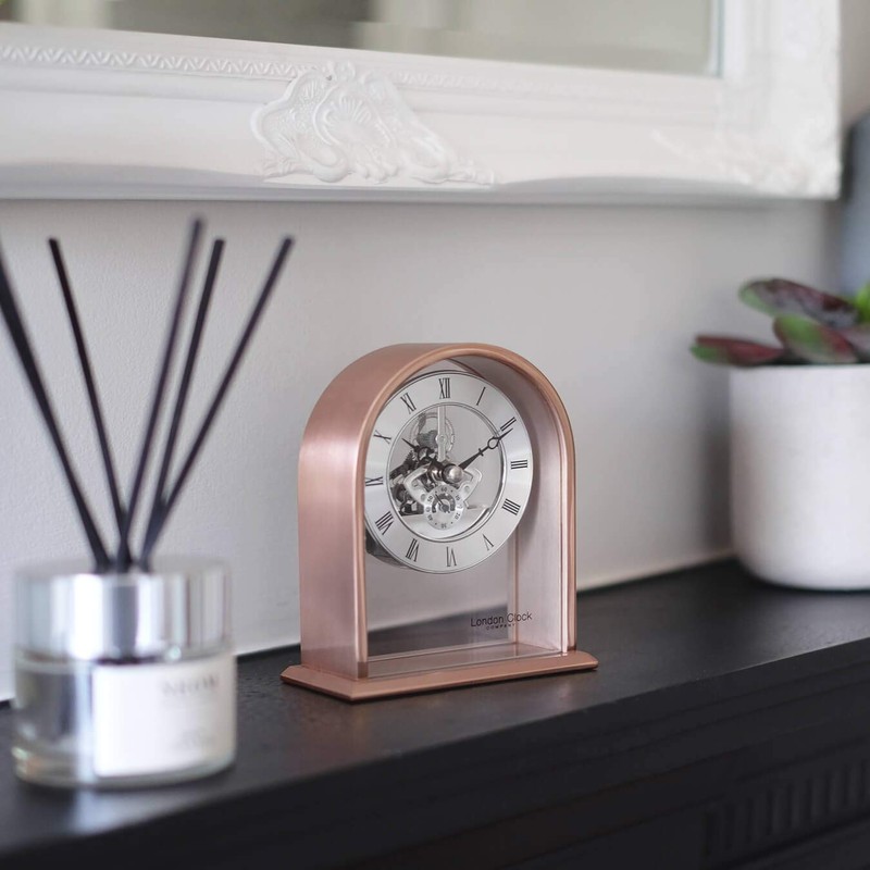 London Clock Arch Top Skeleton Mantel Clock, Rose Gold Case