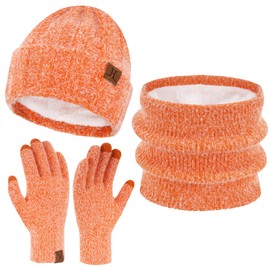 ZASFOU Women's Winter Hat Scarf Touchscreen Gloves Set Faux Mink Velvet Knitted Hat Beanie Thermal Winter Hat Scarves Winter Scarf Winter Gloves Gift for Women, orange