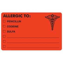 4"W x 2-1/2"H Fluorescent Red Allergy Labels"Allergic to: Penicillin/Sulfa" (100/Roll) - TBBS-MAP488