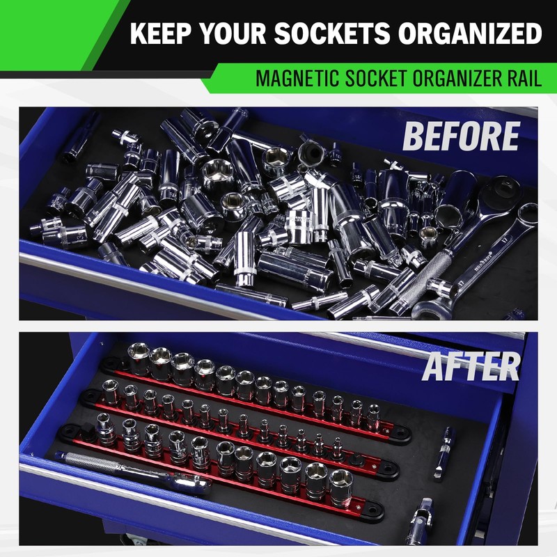 3/8-Inch Magnetic Socket Organizer Rail, Aluminum Alloy Socket Rail, Heavy