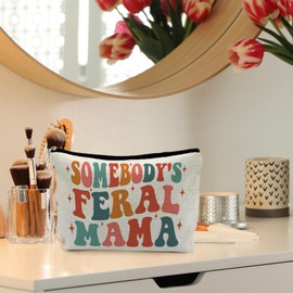 RYYCDOI Mama Makeup Cosmetic Bag - Mama Gifts, Mama Gifts for Mothers Day, Gifts for Mom Mother, Mom Mother Gifts from Daughters Sons, Groovy Somebody's Feral Mama Small Makeup Bag Pouch for Purse