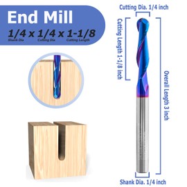 Mesee Ball Nose End Mill CNC Router Bit 1/4 Inch Shank Carbide Ball Nose Spiral Upcut Router Bit 1-1/8" Cutting Length Nano Blue Coating Ball End Milling Bit Woodworking Carving Tool, 1/4" Cutting Dia