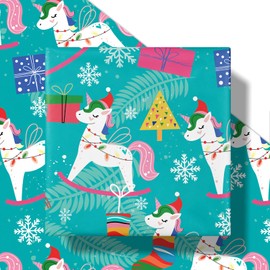 RUSPEPA Christmas Unicorn Wrapping Paper Roll, Mini Roll, Cute Unicorn Rocking Horse and Gift Boxes Design, Teal Gift Wrap Paper for Girls, Friends, Family, Holiday Gifts, 17 Inches x 16.4 Feet