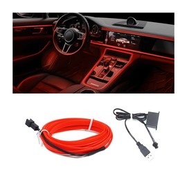 HIPOPY EL Wire LED Strip Lights, USB Auto Neon Light Strip with Sewing Edge, 16FT Electroluminescent Ambient Lighting Kit with Fuse Protection, Car Decoration Accessory (Red/16FT)