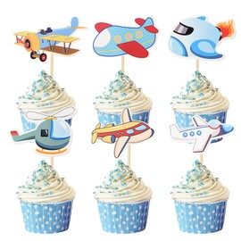 HOKPA Airplane Cupcake Toppers, 24Pcs Cupcake Food Dessert Picks for Kids Plane Theme Party Baby Shower Birthday Party Supplies