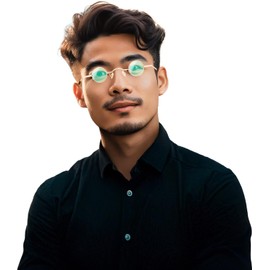 KENOU Men's Glasses, Sunglasses, Retro Mini Sunglasses, Small Round Glasses, Round Sunglasses, Little Evil, Frame Gold/Green Lens