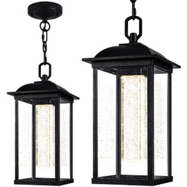 MO&OK 10`` Hight Black LED Outdoor Pendant Lights-Aluminum Waterproof Exterior Hanging Latern-Bubble Columnar Crystal 47 ` Adjustable Chain-Morden Outside Chandelier for Foyers and Porch Areas