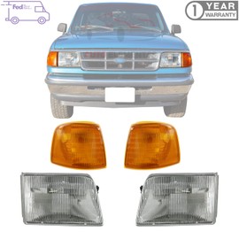 New Front Right Passenger & Left Driver Side Headlight Assembly Halogen + Corner Light Lens and Housing For 1993-1997 Ford Ranger Direct Replacement F37Z13008B F37Z13008A F37Z13200B