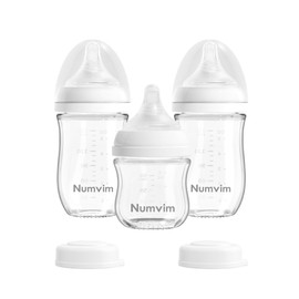 Numvim Natural Glass Baby Bottles with Gentle & Extra Slow Flow Nipples, Newborn Breastfeeding Bottle, Anti-Colic, Includes 1pcs SS Nipples(0 Month+) 2pcs S Nipples(1m+),3 Packs (White 3 Oz + 5 Ounce)