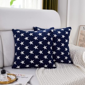 Sunday Praise Set of 2 Soft Chenille Decorative Throw Pillow Cover Case Geometric Stars Patriotic Accent Square Cushion Cover Case Sham for Couch Sofa Bed Car 22 x 22 Inch 55x55cm (Blue)