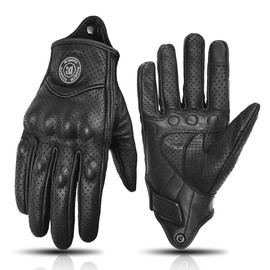 mjmoto Black Retro Motorcycle Leather Gloves - Breathable Touch Screen Full Finger Gloves for Motorcyclists - Classic Vintage Motorcycle Gloves (Black with Holes, M)