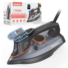 IRONDAY Steam Iron for Clothes with LCD Screen, 1700W Iron Non-Stick Ceramic Soleplate, Auto Shutoff, Self-Cleaning, Anti-Drip, Steam Burst, Spray Mist 10.14oz Water Tank Ironing Clothes for Home,Grey