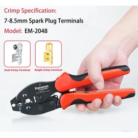ENGINEMAN Spark Plug Wire Crimper, Crimping Pliers for Spark Plug Stripping Tool, EM-2048 for Crimping and Stripping Spark Plug Wire, Dia 7.0-8.5mm, Ratchet spark plug wire crimping tool