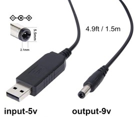 2 Pack USB to 9V Adapter - DC 5V to DC 9V Step Up Cable Cord with DC Jack 5.5 x 2.1mm for Fan, Table Lamp, Piano Keyboard, Bluetooth Audio, Wireless Router, Speakers & More(4.9ft), (Tip Positive)
