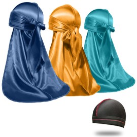 ForceWave 3 Pieces Silky Durags and 1 Wave Cap Pack for Men Waves, Moisture-Tech Fabric Satin Du-Rag