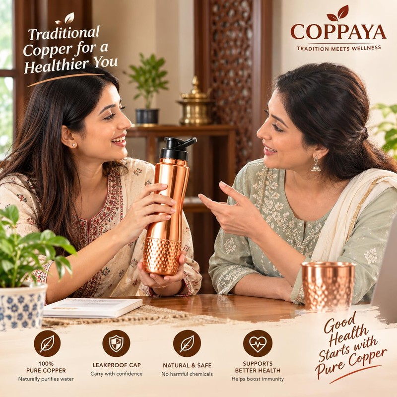 COPPAYA Pure Copper Water Bottle with Sipper, 900ml Capacity (30.4
