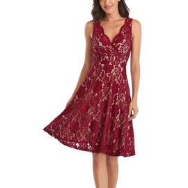 MISS MOLY Women Floral Lace Overlay Fit and Flare Dress V Neck Knee Length Elegant Wedding Party Dress Red M