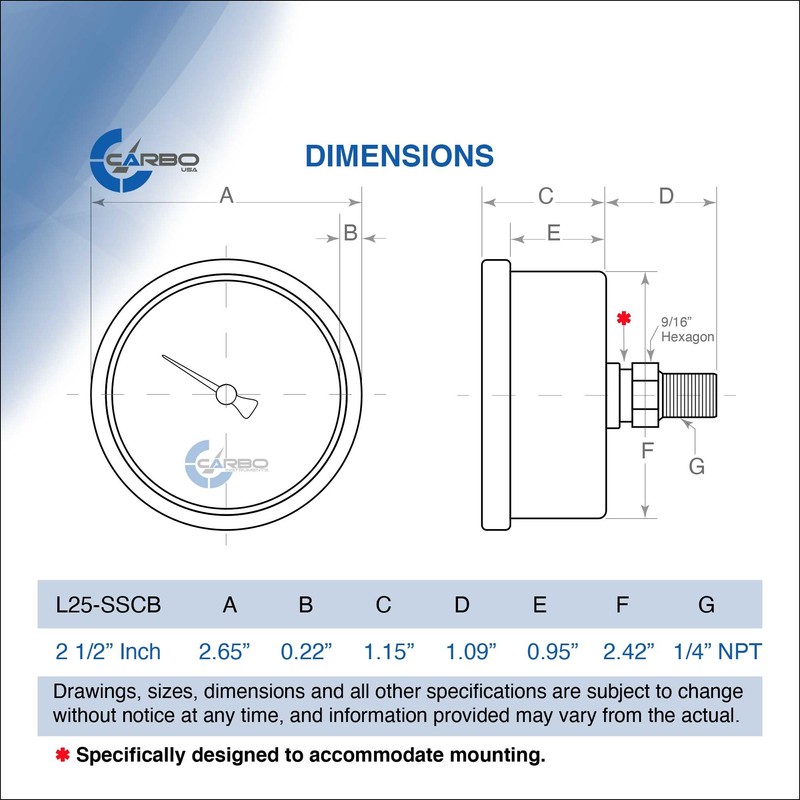 CARBO Instruments 2 1-2" Pressure Gauge, Stainless Steel Case, Chrome
