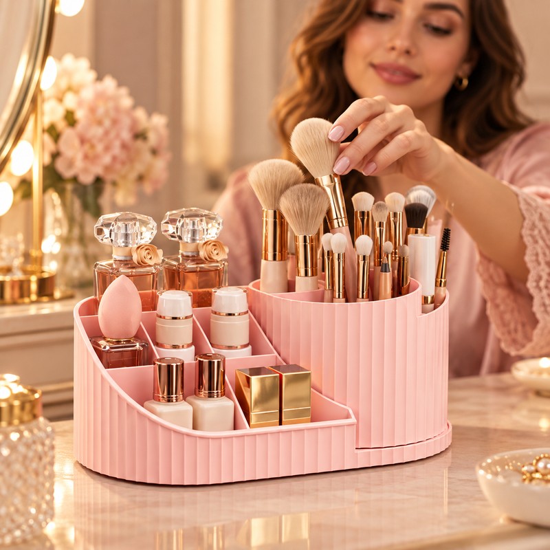 360° Rotating Makeup Organizer for Vanity – Multi-Compartment Cosmetic Storage