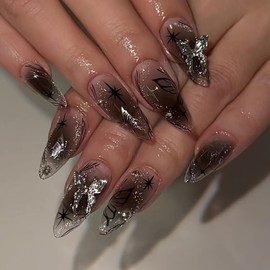 BABALAL Black Nails Press on Medium Almond Fake Nails Goth Acrylic Nails with Glue Metallic Butterfly Charm Design Acrylic Nails 24Pcs Manicure Gel Stick on Nails Y2k Almond Artificial Nails