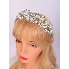 Teyglen Leaf Bride Wedding Headband Vintage Leave Pearl Wedding Hair Band Crown Greek Goddess Headpiece Bridal Flower Head Pieces for Wedding Prom Birthday Party (Silver)