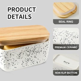 KOOV Porcelain Large Butter Dish with Lid for Countertop, Airtight Butter Container with Oak Lid, Butter Crock, Perfect for 2 Sticks of Butter, Splash Series (Splashed White, 6 inch)