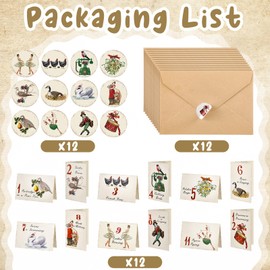 Eersida Twelve Days of Christmas Cards Set with Envelopes and Stickers Vintage Folded Greeting Cards Set 4 x 6 Inch 12 Days of Christmas Countdown Gifts for Friends Family Colleague