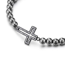 COOLSTEELANDBEYOND Grey Black Beads Bracelet for Women with Cubic Zirconia Horizontal Sideway Cross
