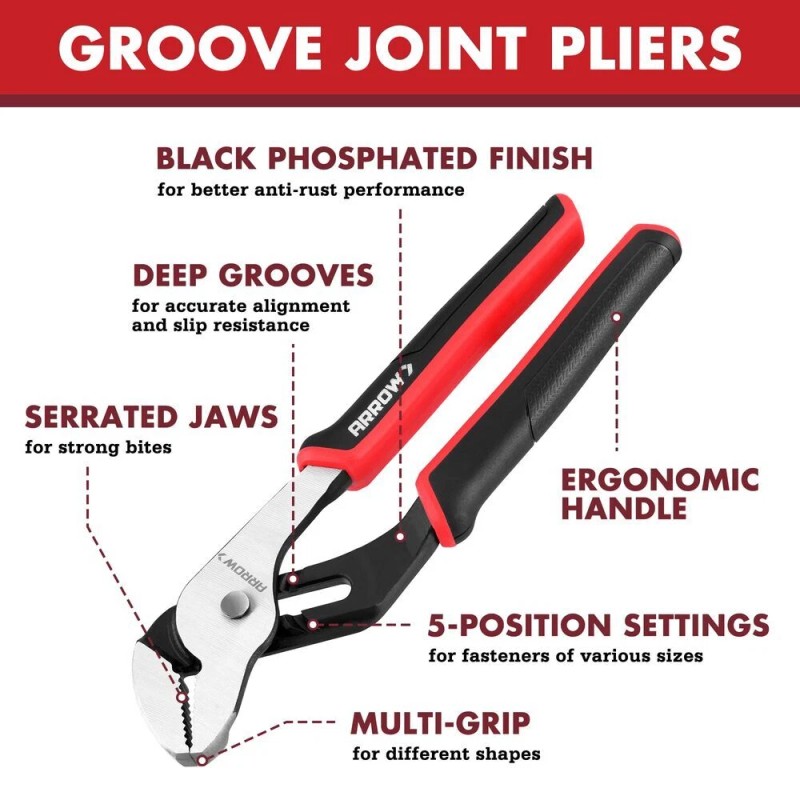 ARROW 8" Adjustable Groove Joint Pliers High Carbon Steel Tongue
