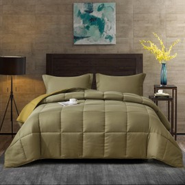 HIG 3pc Dark Olive King Size Comforter Set - All Season Reversible Down Alternative Comforter with Two Shams - Quilted Duvet Insert with Corner Tabs - Box Stitched Blanket - Breathable, Soft, Fluffy