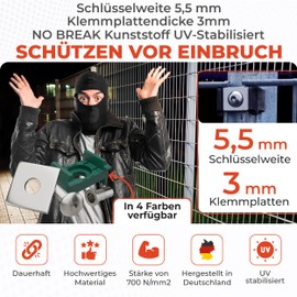 Qualinos 7016 High Quality Double Rod Mat Fence Fixing: Clamping Plate, Screw, Rivet Nut Made of V2A and UV-Stabilised Clamp Bracket, Colour: Anthracite 7016. Clamp and Fence Holder Made in Germany