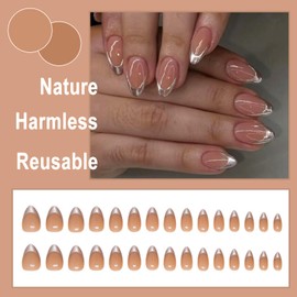 Ceboic 24 Pcs French False Nails Short Almond Press on Nails Glossy Silver Fake Nails with Glue Sticker Acrylic Full Cover Glue on Nails Artificial Stick on Nails for Women Girls Manicure Decoration