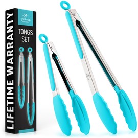 Zulay Stainless Steel Kitchen Tongs with Silicone Tips - Set of 2 (9” & 12”) Locking Cooking Tongs with Non-Slip Grip - Heat Resistant, BBQ Food Tongs for Non-Stick Cooking Pans (Silver/Aqua Sky)