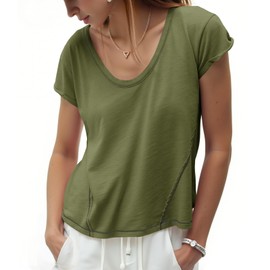 Cicy Bell Womens Scoop Neck Tshirts Summer Cuffed Short Sleeve Exposed Seam Tops Casual Loose Fit Cotton Tee Shirts Army Green