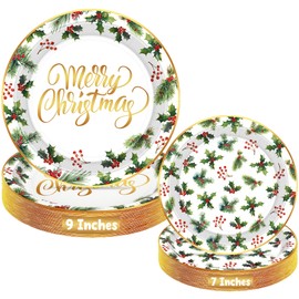 QZYL 30 SET Christmas Plates, 9 IN Christmas Dinner Plates 7 IN Christmas Dessert Plates, Round Berries Holly Design Disposable Christmas Plates, Christmas Decorations Holiday Party Supplies