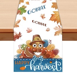 Fall Table Runner 13x36 Inch Autumn Maple Leaves Turkey Table Runner Thanksgiving Party Decoration Gobble Happy Harvest Kitchen Dinning Table Decoration for Indoor Outdoor Home Party Decor