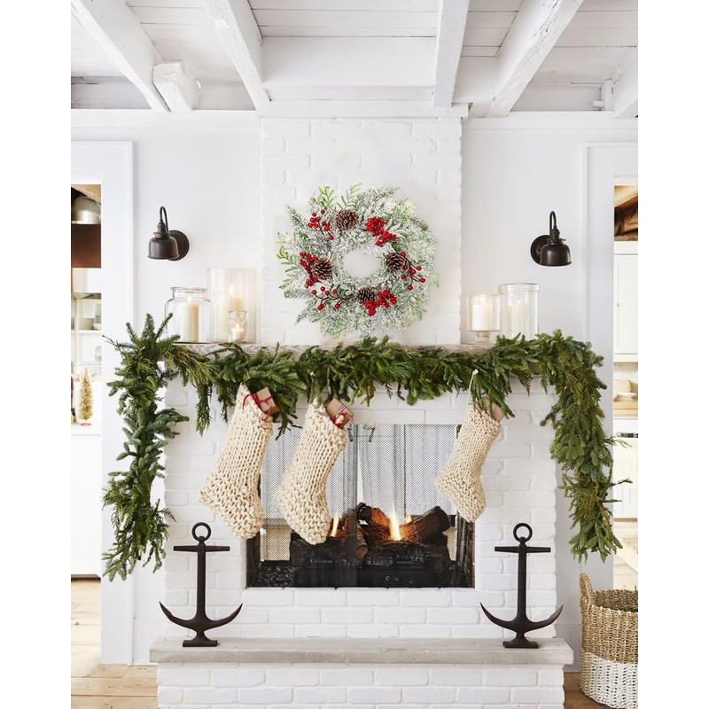 Christmas Wreath, 18 Inch Flocked Snow Wreath with Frosted Branches,