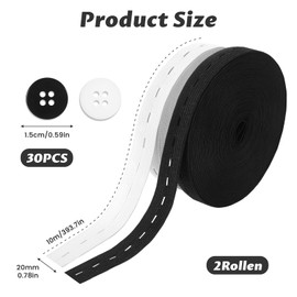 2 Rotoli Di Elastico Con Asole Da 20 Mm Con 30 Bottoni, Elastico Per Pantaloni, Elastico Con Fori, Elastico Da Cucire, Bianco E Nero, Per Rendere Più Stretti I Pantaloni, Borse E Culottes