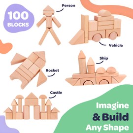 MINI MINDS Wooden Blocks with Letters & Numbers -100 Building Blocks for Toddlers - Includes Storage Container with Shape Sorter Lid - Natural Beech Wood Blocks - Learning Toys Stacking Blocks