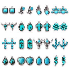 NVENF 32PCS Western Charms for Jewelry Making, Synthetic Turquoise Charms Vintage Cactus Heart Flower Lightning Cowboy Boot Pendant Charms for Bracelet Necklace Earring Making DIY Crafts (32PCS)