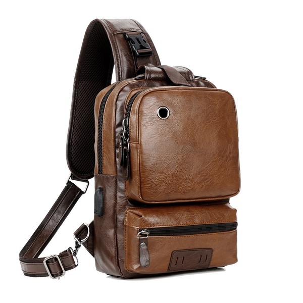 Small Black Sling Crossbody Backpack Shoulder Bag for Men Women Vintage PU Leather CrossBody One Strap Casual Sling Backpack Cycling USB Charger