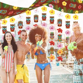 HONMOK Luau Party Decorations Tiki Bar Ceiling Banner Aloha Party Bunting Decoration with Tiki Totem Tropical Flower for Hawaiian Moana Birthday Party Decor Tiki Bar Accessories Photo Booth Props