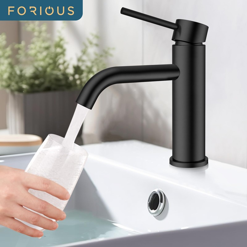 FORIOUS Bathroom Tap, Washbasin Tap, Black Single Handle Mixer Tap
