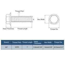 sourcing map 10Pcs 3/8-16 x 1" Flanged Hex Head Bolts, 304 Stainless Steel Flange Hexagon Screws, Flange Hex Drive Screws 5.8 Grade for Machinery Industry Home Appliances, Silver