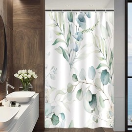 Uiiooazy Green Leaves Shower Curtain, Eucalyptus Leaf Plants Pattern, Bathtub Curtains, Anti-Mould, Waterproof, Polyester Fabric, Washable, Bathroom Curtain with Hooks, 120 x 180 cm