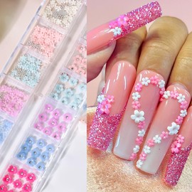 Spring Summer Flower Nail Charm for Acrylic Nails Cute Flowers with Mini Pearl Design Flowers Nail Rhinestones Flower Nail Jewelry and Gems DIY Manicure Decoration Supplies for Women Girls