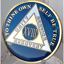 Bright Star Press 18 Year Midnight Blue AA Alcoholics Anonymous Medallion Chip Tri Plate Gold & Nickel Plated