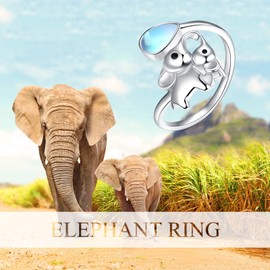 KINGWHYTE Moonstone Ring 925 Sterling Silver Elephant Ring Adjustable Open Ring Jewellery Gift for Women Girls Friend, Sterling Silver
