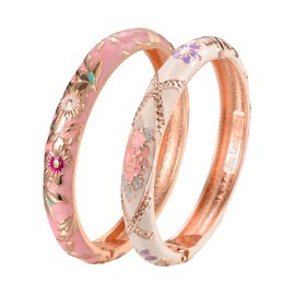 UJOY Bracelets Gold Women Jewelry Flower Enamel Design Golden Alloy Spring Cuff Bangles 2 Pcs Set Pack in White Box 55A103 Pink White