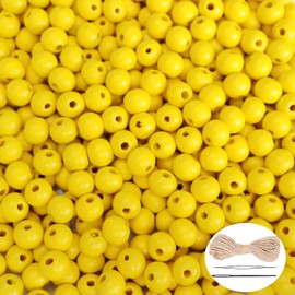 500Pcs Yellow Wooden Beads for Garlands, Round Wood Loose Beads with Hole Smooth Spacer Beads Wood Ball with 10m Hemp Rope for Jewelry Making Home Decor - 10mm